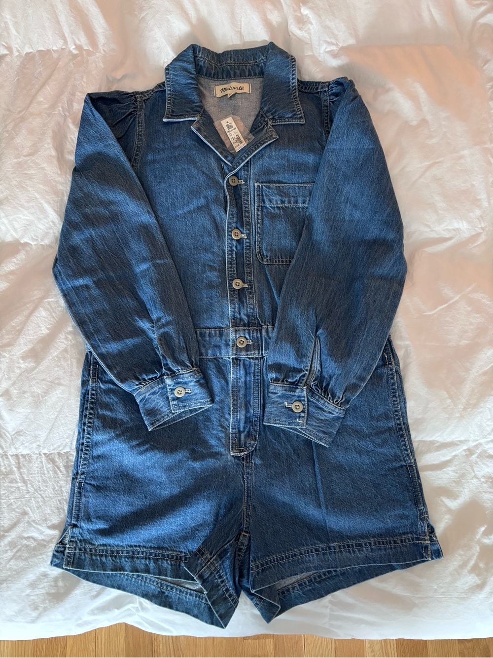 NWT: Madewell Light Blue Denim Long-Sleeve Shorts Romper in Rushland Wash XXS